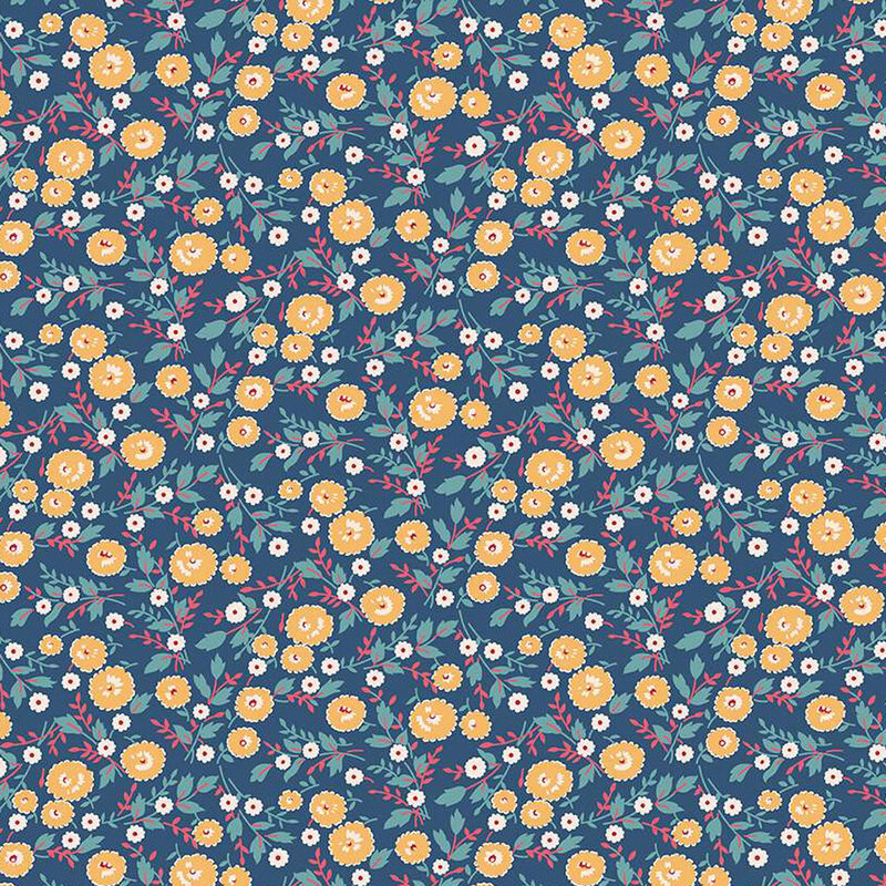 Denim blue fabric covered in small, light blue and red sprigs with larger yellow and white flowers