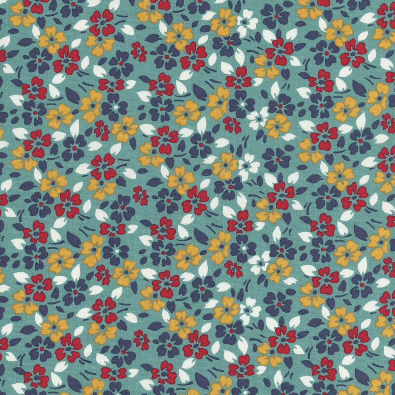 Teal fabric covered in small red, yellow, and blue flowers with little white leaves throughout