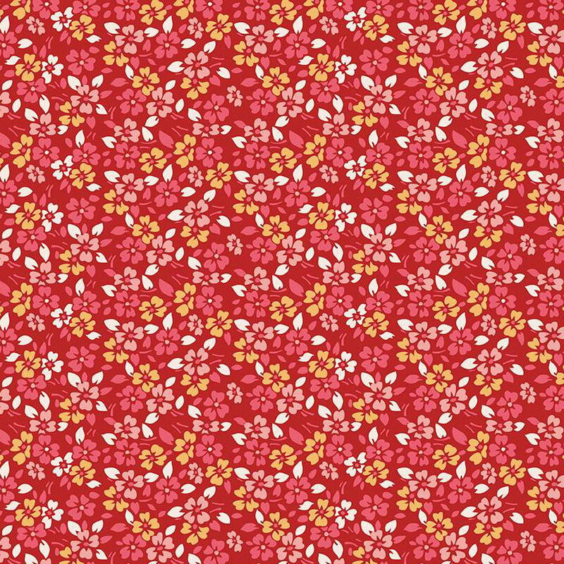 Barn red fabric covered in small yellow, pink, and red flowers with little white leaves