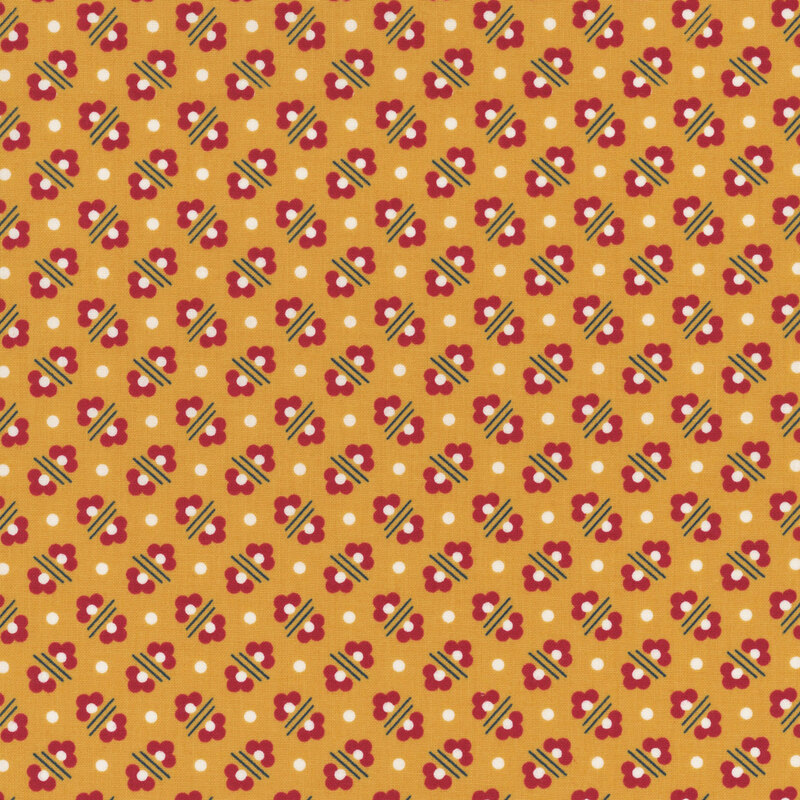 Djion yellow fabric featuring small red flowers arranged in alternating arrangements and small white polka dots