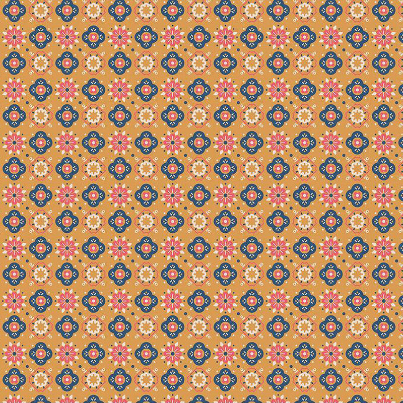 Caramel-colored fabric featuring alternating geometric floral shapes in pink, cream, and navy blue