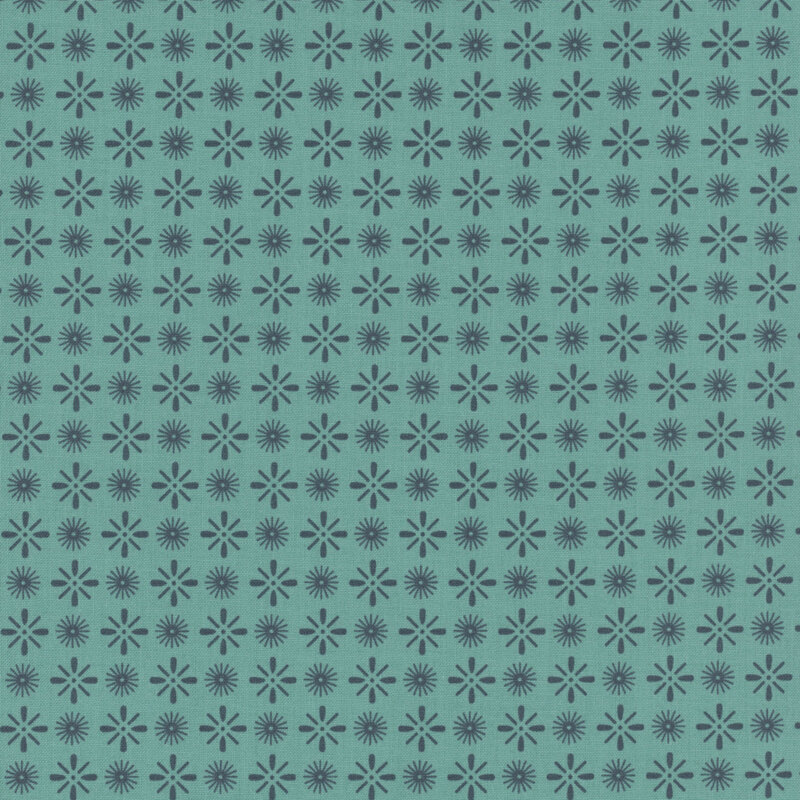 Teal fabric with dark navy blue alternating circular and diamond shaped starbursts