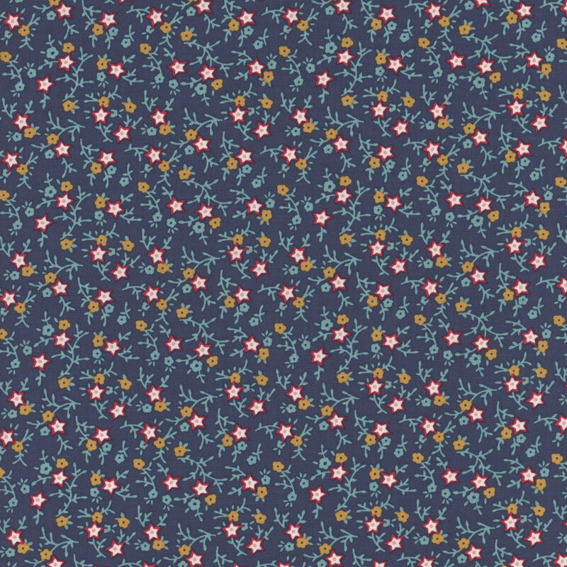 Dark denim colored fabric covered in light blue sprigs and vines with little red and caramel-colored flowers