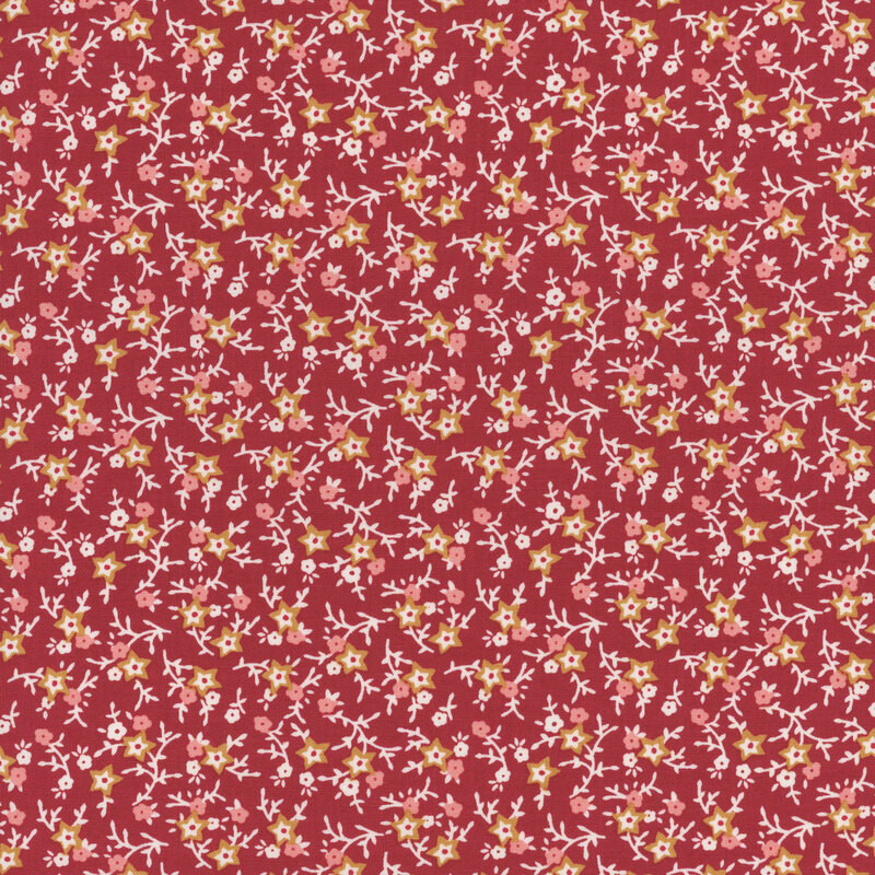 Barn red fabric with clusters of little yellow and pink flowers with white leaves and vines