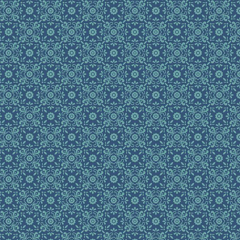 Dark denim blue fabric with tonal, ornamental floral designs making a lattice pattern