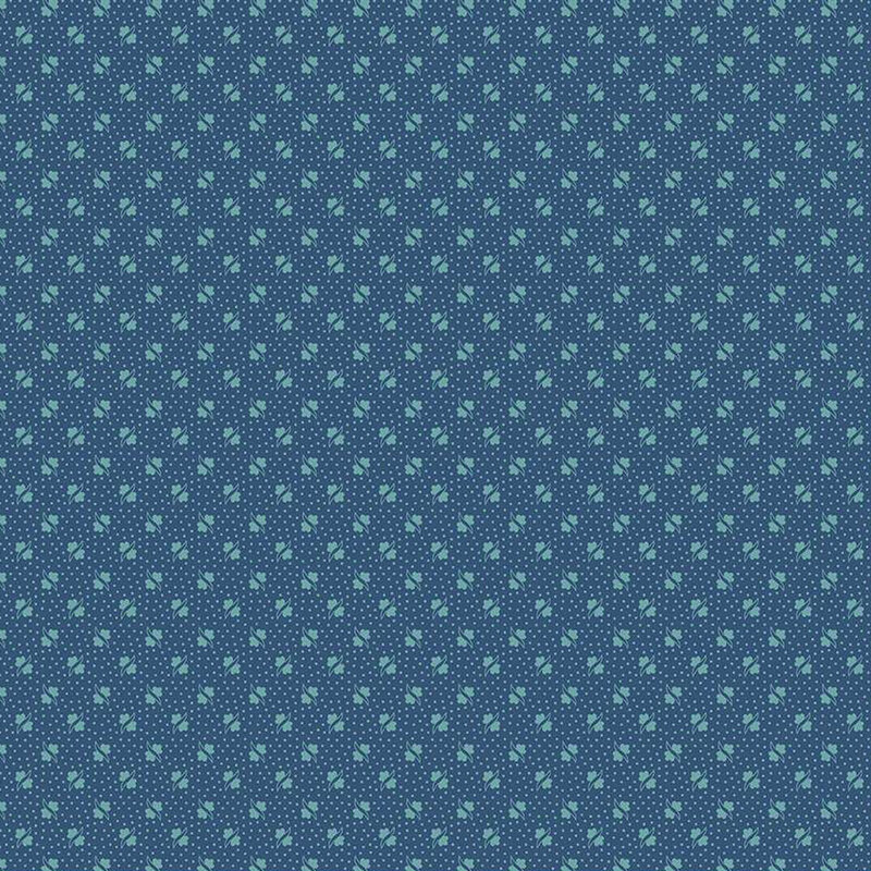 Dark denim fabric with tonal, alternating light blue floral designs and small light blue pin dots all over