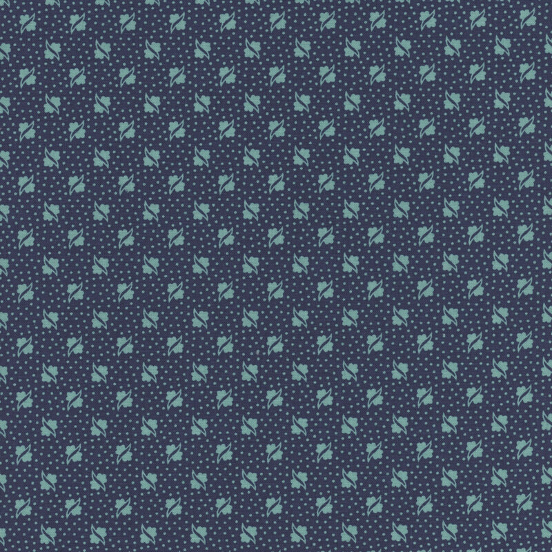 Dark denim fabric with tonal, alternating light blue floral designs and small light blue pin dots all over