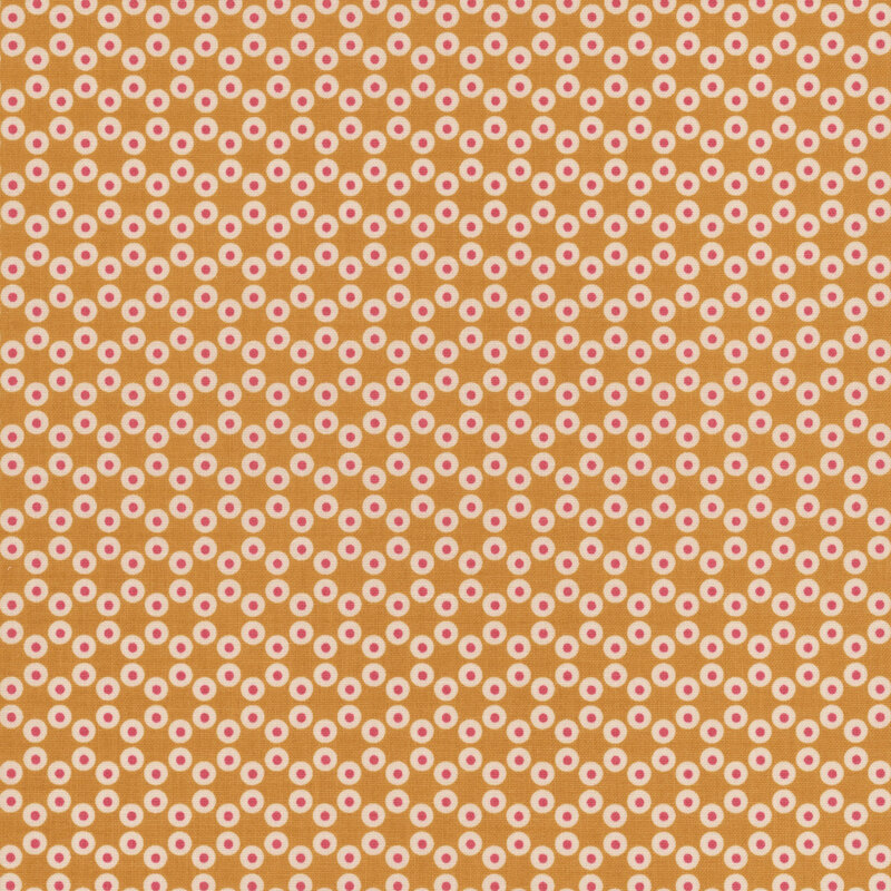 Caramel-colored fabric with small, white dots making a connected hexagon pattern