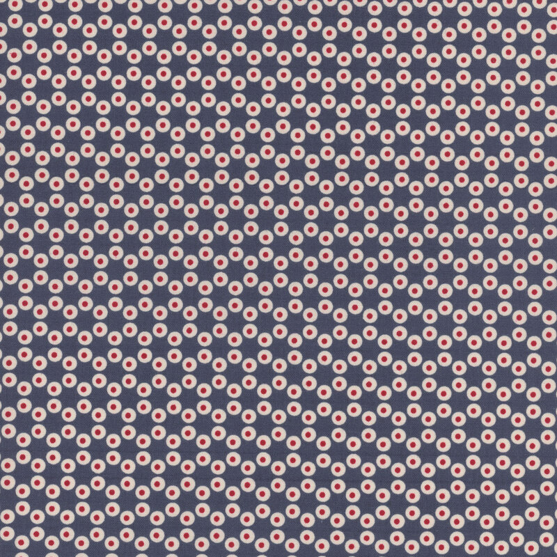 Dark navy blue fabric with small white dots making a connected hexagon pattern throughout