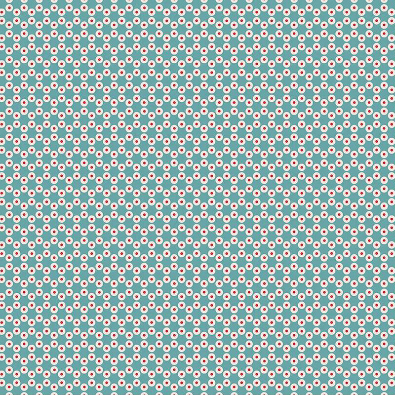 Teal fabric with a connected hexagon pattern made of small white circles with red dot centers