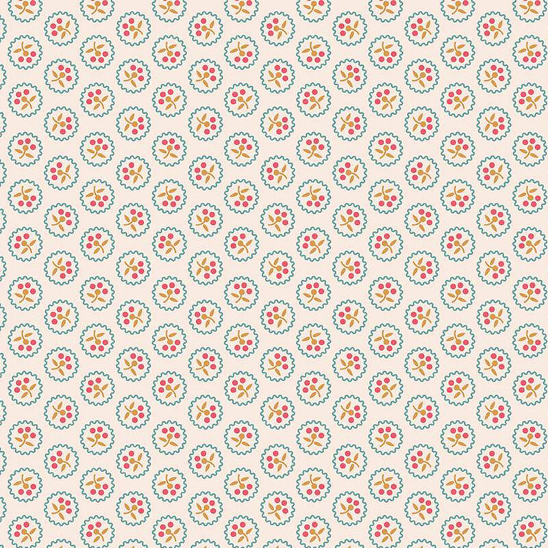 Beige fabric with small, squiggly blue rings with a small red florals in the center, arranged in a polka dot pattern