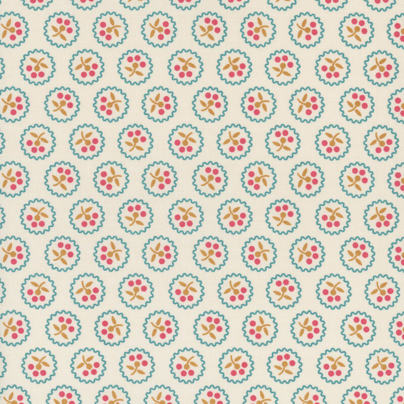 Beige fabric with small, squiggly blue rings with a small red florals in the center, arranged in a polka dot pattern