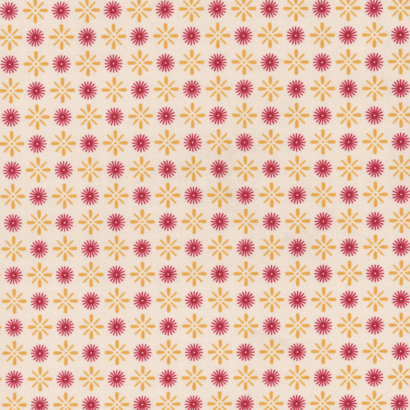 Light beige fabric with alternating red circular and yellow starbursts