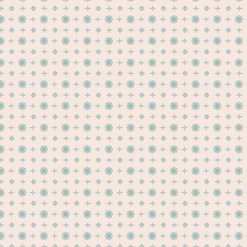 Off white fabric with evenly spaced blue flowers, diamond shaped flowers, and small stars