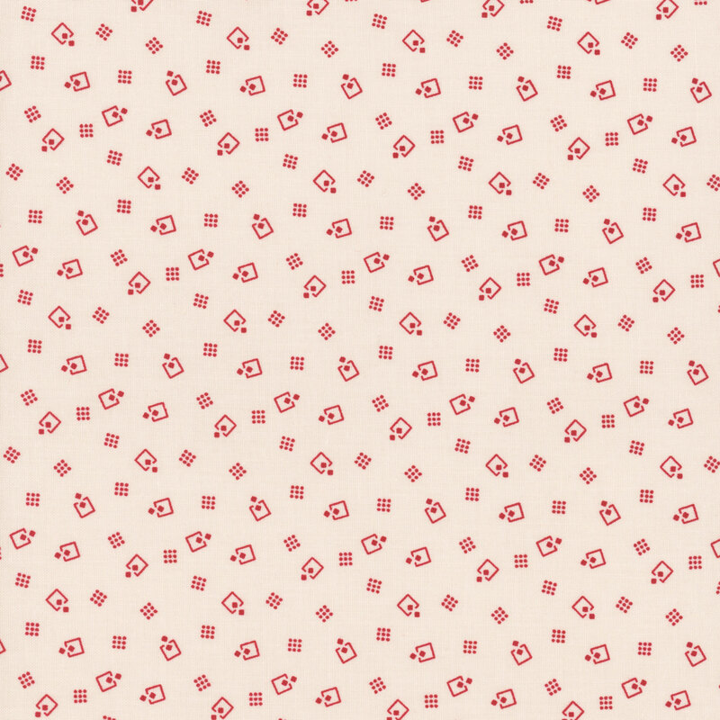 Light beige fabric with a ditsy pattern made of small, red, geometric shapes