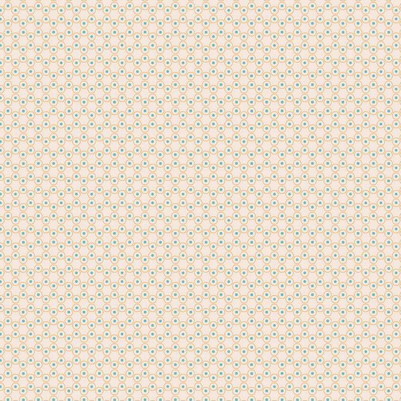 Off white fabric with small beige rings with blue dots in the centers arranged in a connected hexagon pattern