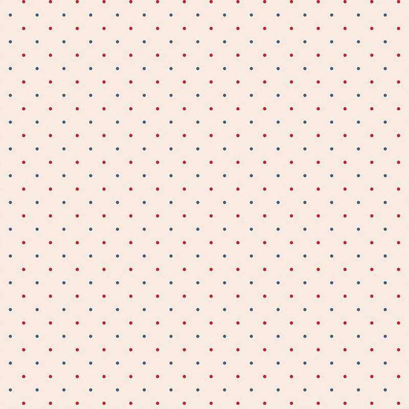 Beige fabric with red and blue alternating polka dots throughout