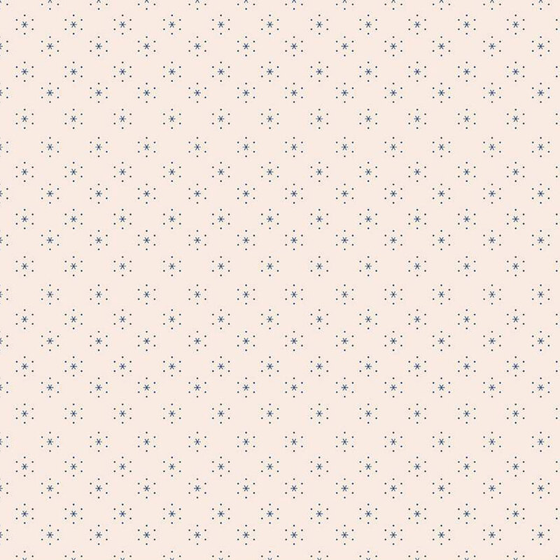 Off white fabric with small, blue, evenly spaced stars that are surrounded by little white polka dots