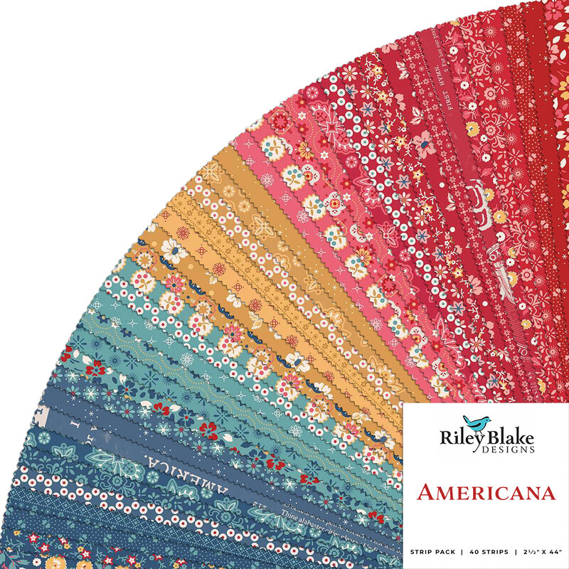 A fanned collage of the fabrics included in the Americana rolie polie in red, blue, and yellow.