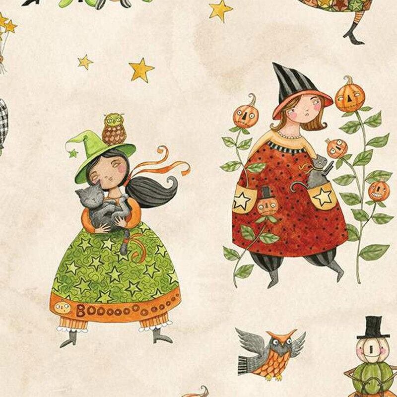 Cream mottled fabric with cartoon halloween characters