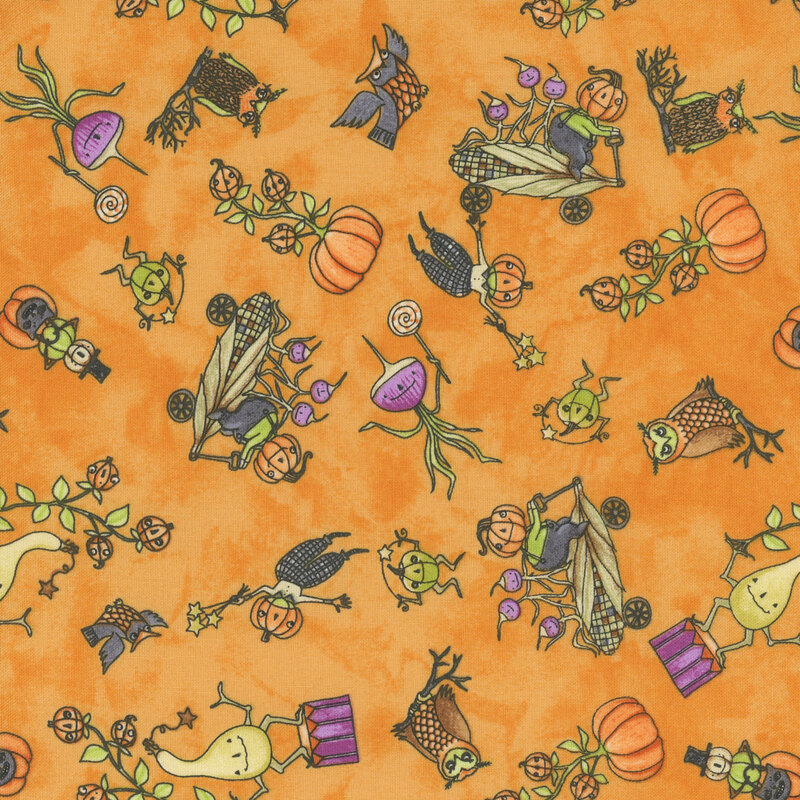 Orange mottled fabric with cartoon halloween characters