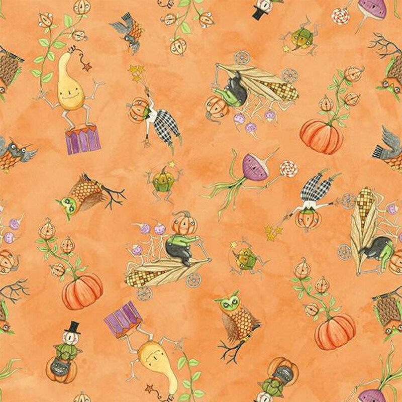 Orange mottled fabric with cartoon halloween characters