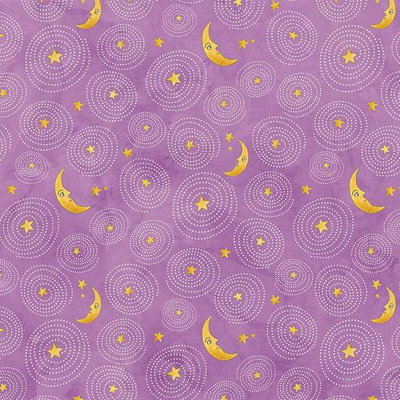 Purple mottled fabric with golden stars and cartoon moons