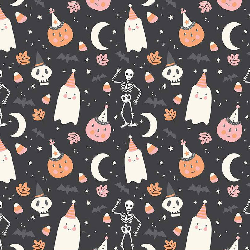 Black fabric with tossed pumpkins, ghosts, skeletons, and other Halloween motifs.