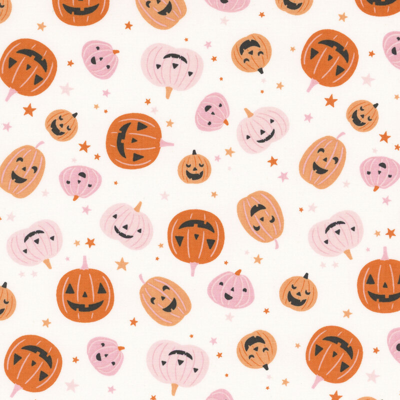 White fabric with tossed jack-o-lanterns and stars.