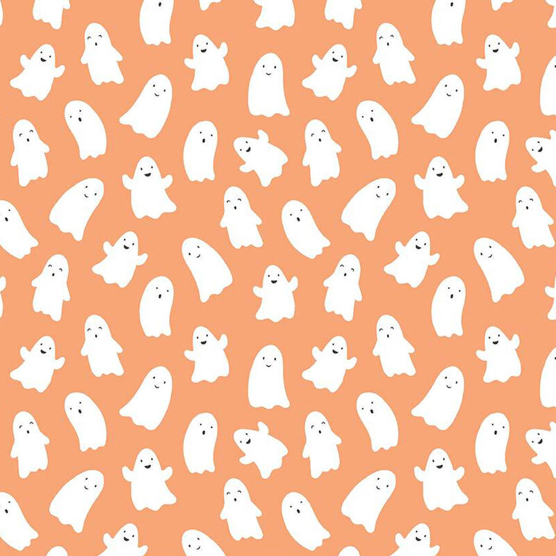 Orange fabric with smiling blobby ghosts.