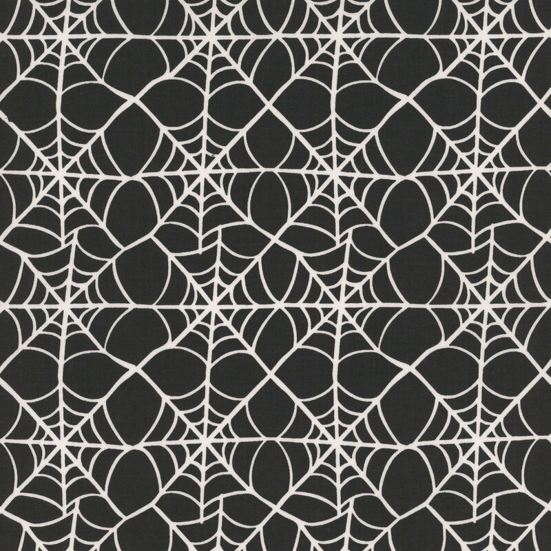 Black fabric with a grid of interconnected spiderwebs.