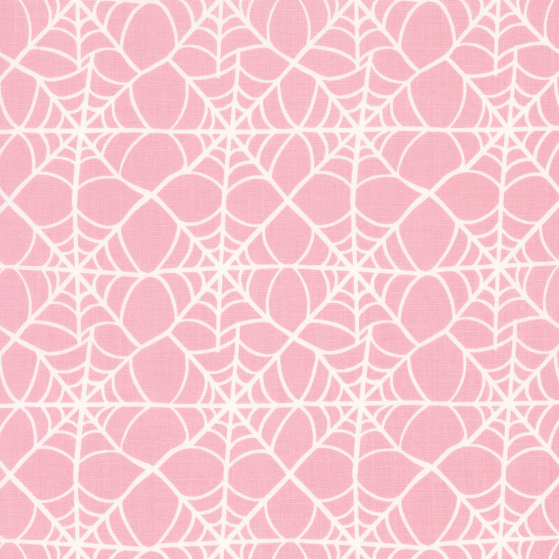 Pink fabric with a grid of interconnected spiderwebs.