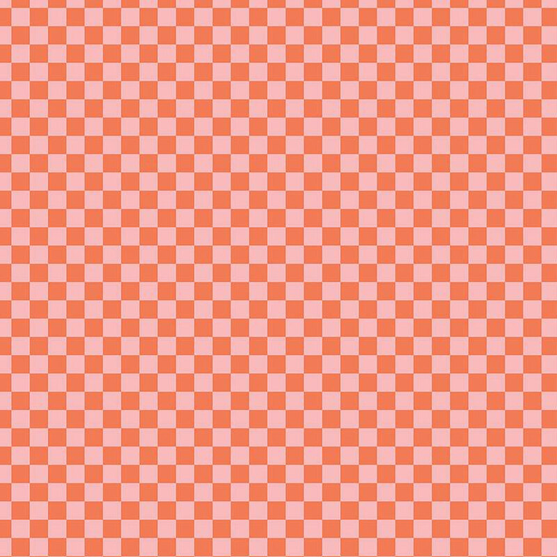 Pink and orange fabric in a small checkerboard pattern.