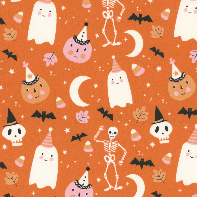 Bright orange fabric with tossed pumpkins, ghosts, skeletons, and other Halloween motifs.