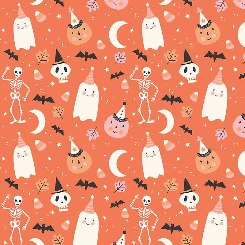 Bright orange fabric with tossed pumpkins, ghosts, skeletons, and other Halloween motifs.