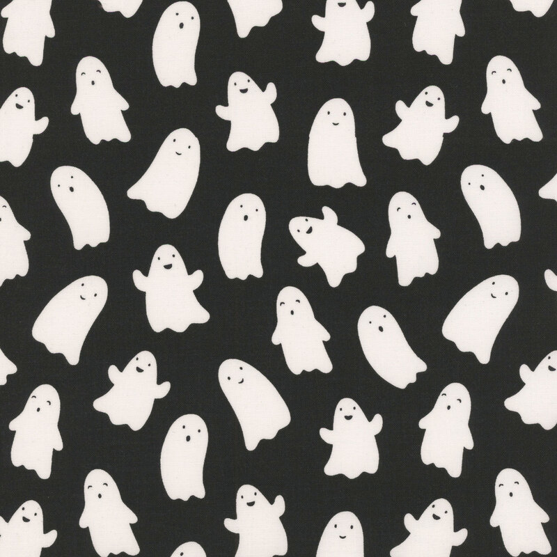 Black fabric with smiling blobby ghosts.