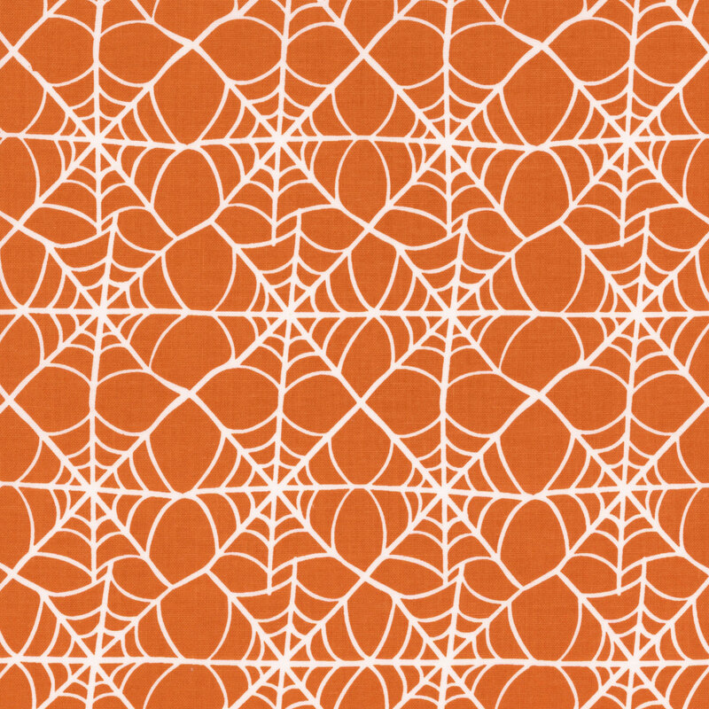 Bright orange fabric with a grid of interconnected spiderwebs.