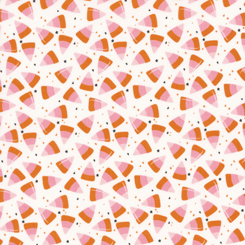 White fabric with scattered candy corn and tiny black and orange stars.