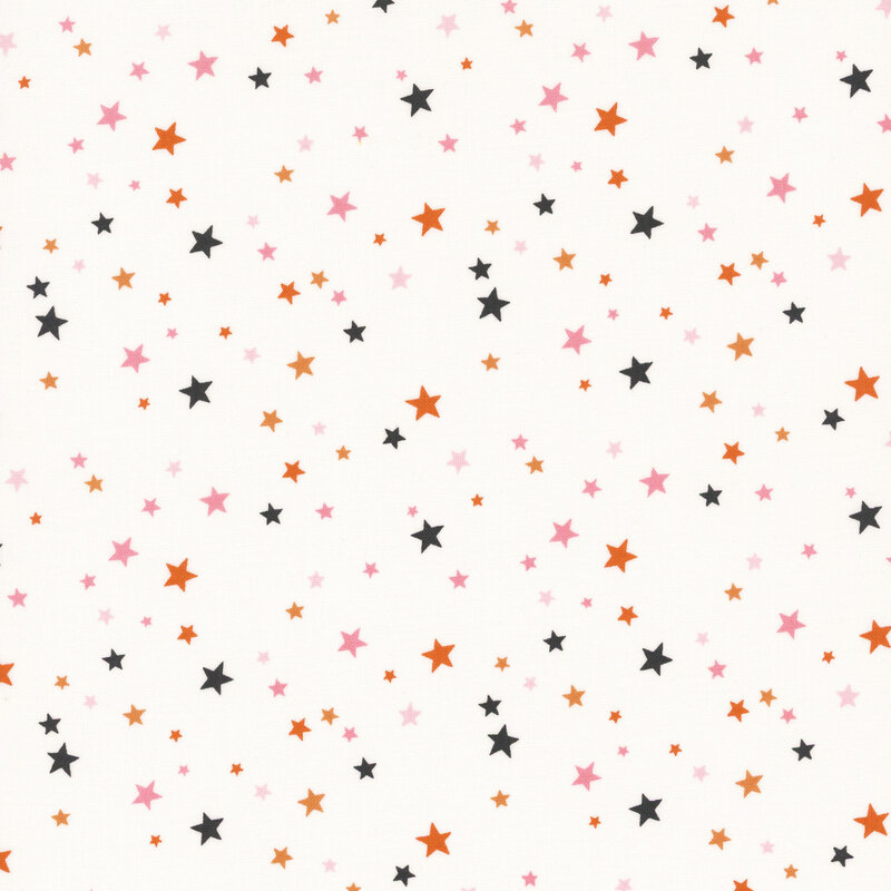White fabric with scattered stars in Halloween colors and pink.