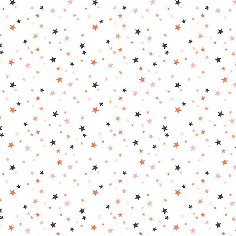 White fabric with scattered stars in Halloween colors and pink.