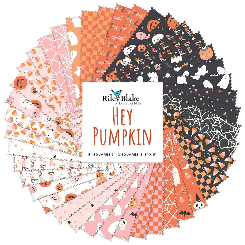 A spiral collage of the Halloween fabrics in black, white, pink, and orange included in the Hey Pumpkin 5