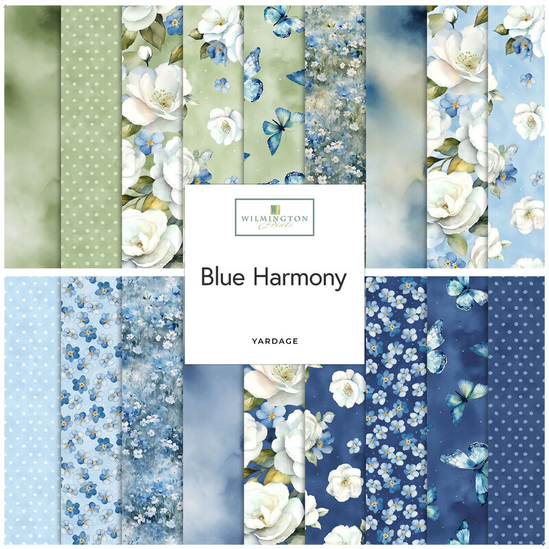 Collage of fabrics in the Blue Harmony collection in shades of green and blue