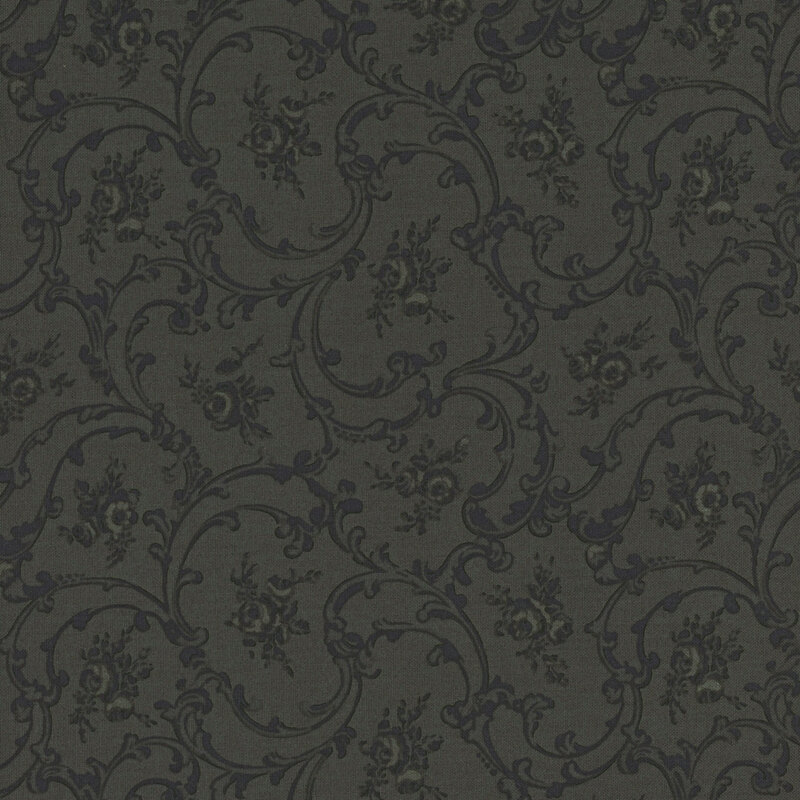 Hunter Green fabric with a tonal swirling pattern and roses