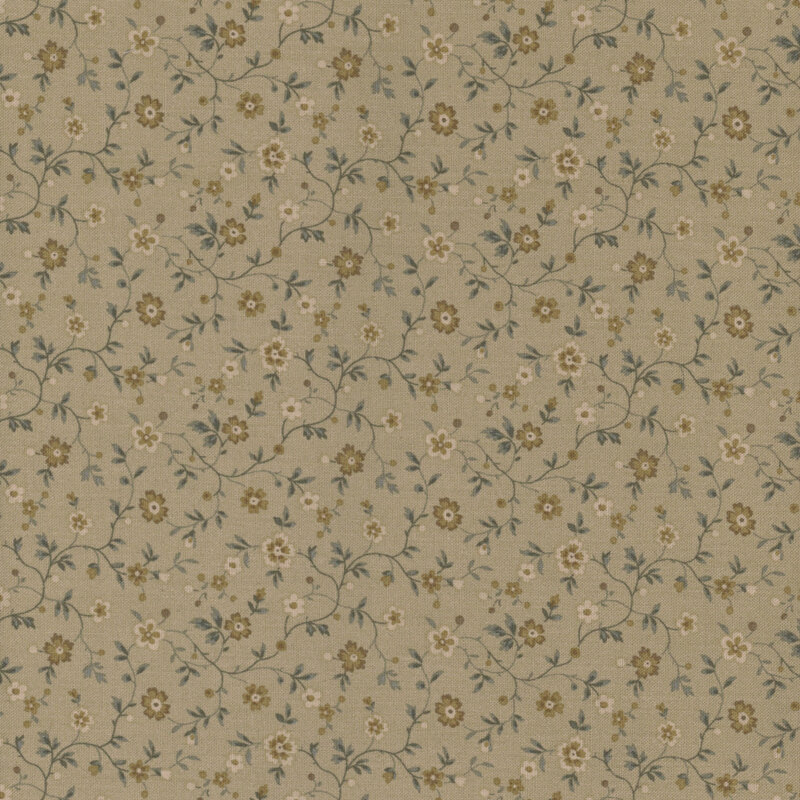 Taupe fabric with a green leaf and vine pattern with brown flowers