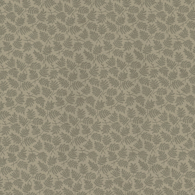 Taupe fabric with a pattern of tonal fern pattern scattered across the fabric