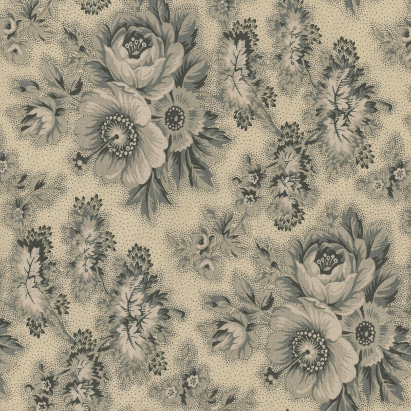 Cream fabric with a blue dotted background and a tropical rose pattern