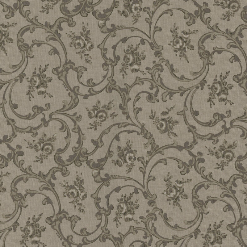 Taupe fabric with a tonal swirling pattern and roses