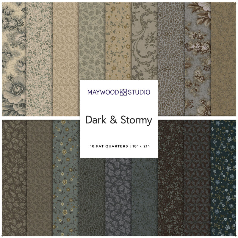 Collage of fat quarter fabric from this collection featuring dark floral patterns from the Dark & Stormy collection.