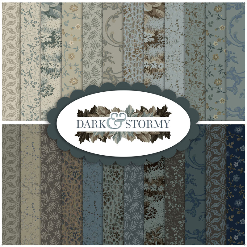 Collage of Quater yard fabric from this collection featuring dark floral patterns