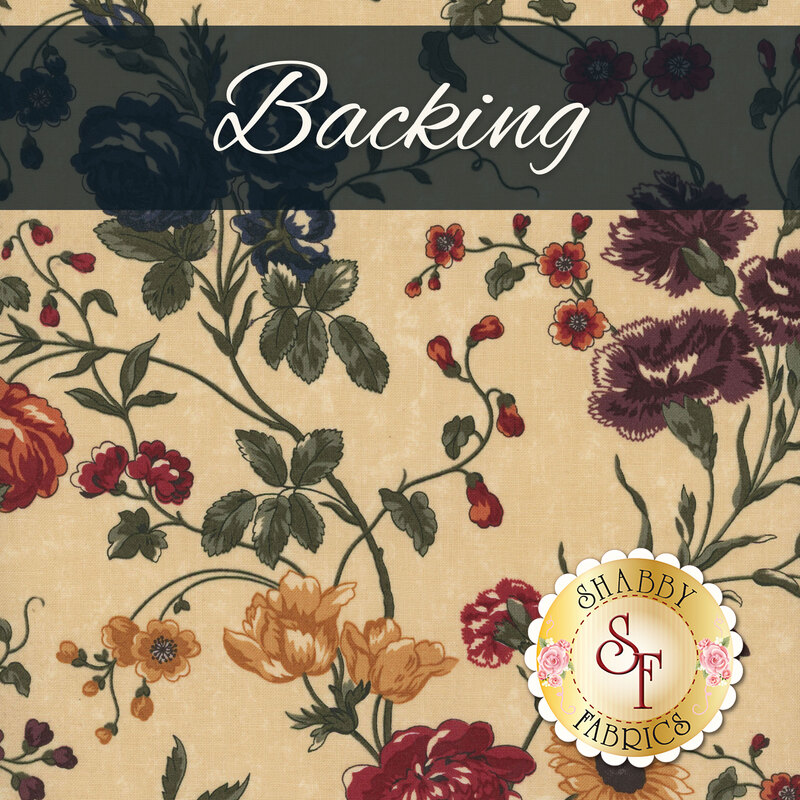 A swatch of cream fabric with a large floral pattern in earthy red, purple, blue, yellow, and green. A dark blue banner at the top reads 